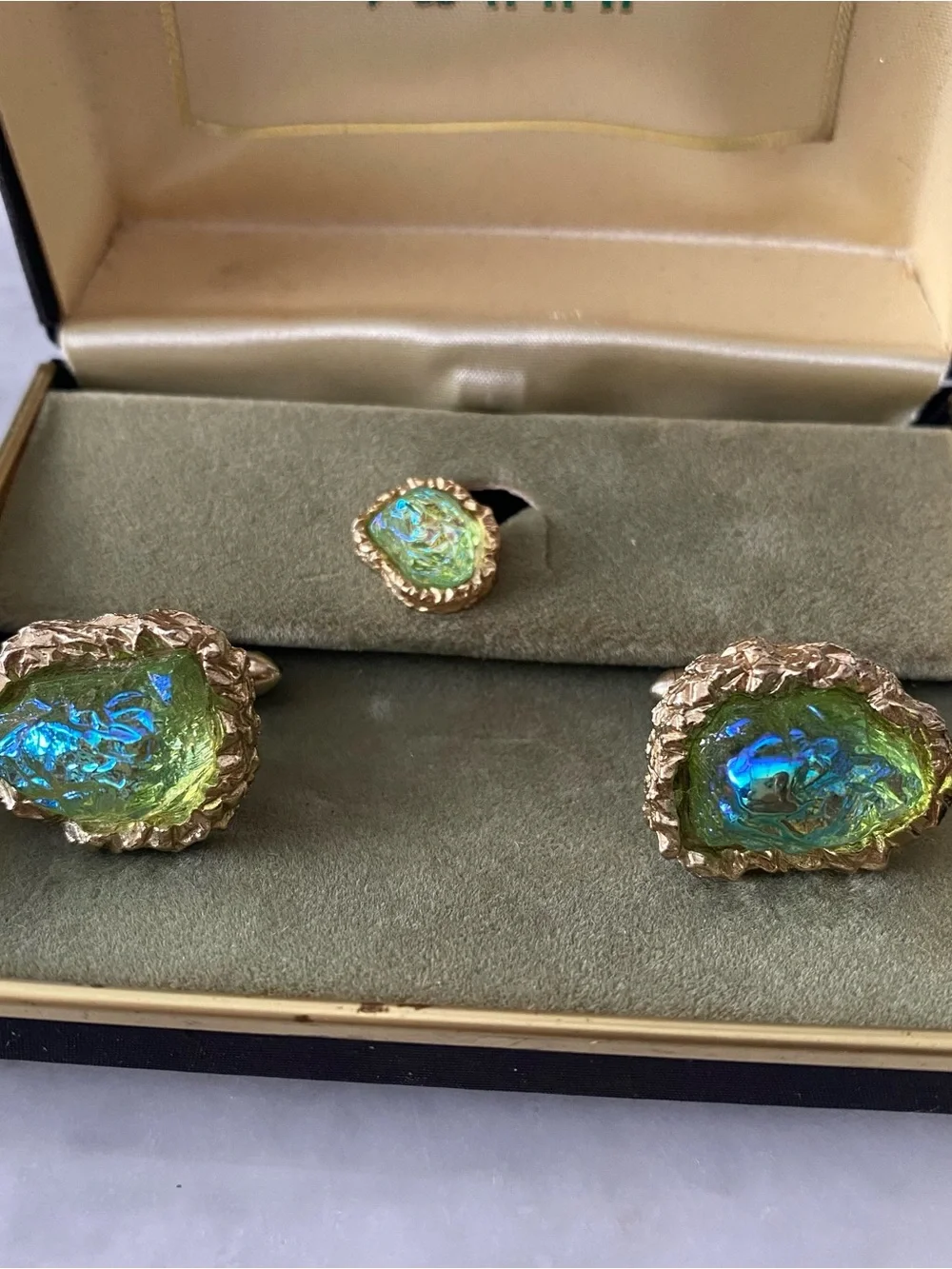 50’s Swank Cufflink And Tie Tack Set New In Box Gold Nugget Irridescent Stone
